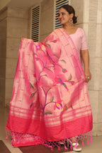 Pink Paithani Handloom Pure Silk Muniya Border Bird And Flower Design Dupatta - Luxurion World- Crafted Heirlooms