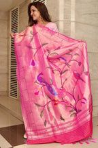 Pink Paithani Handloom Pure Silk Muniya Border Bird And Flower Design Dupatta - Luxurion World- Crafted Heirlooms