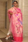 Pink Paithani Handloom Pure Silk Muniya Border Bird And Flower Design Dupatta - Luxurion World- Crafted Heirlooms