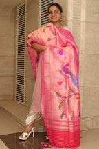 Pink Paithani Handloom Pure Silk Muniya Border Bird And Flower Design Dupatta - Luxurion World- Crafted Heirlooms