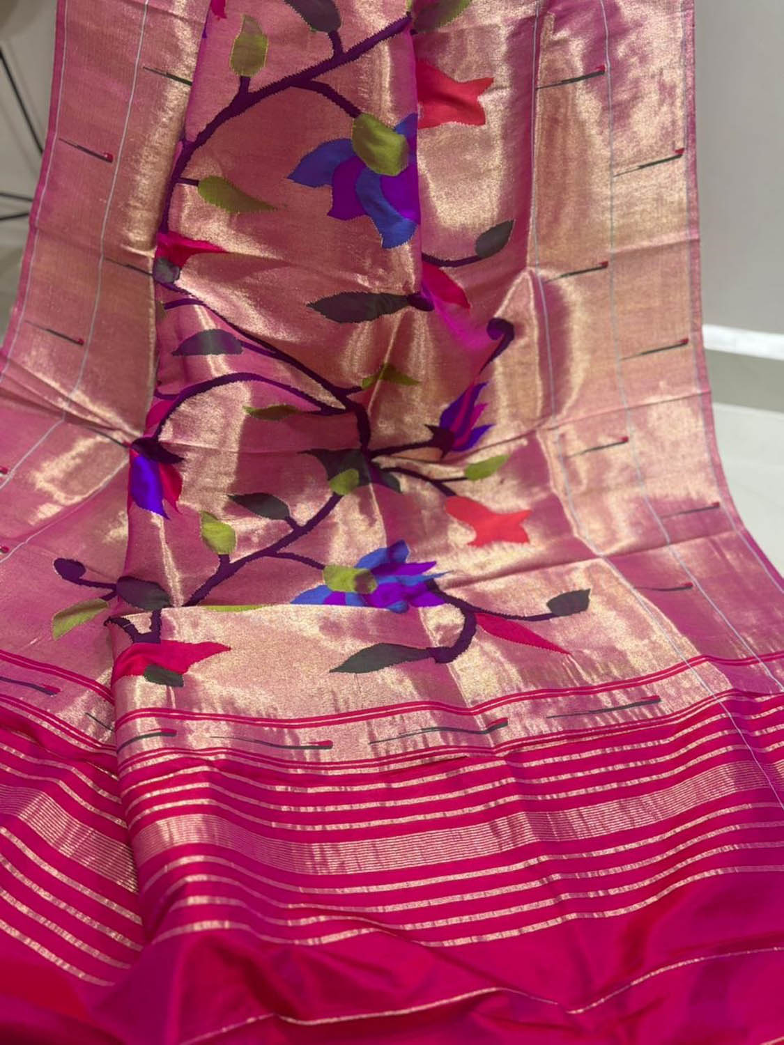Pink Paithani Handloom Pure Silk Muniya Border Flower Design Dupatta - Luxurion World- Crafted Heirlooms