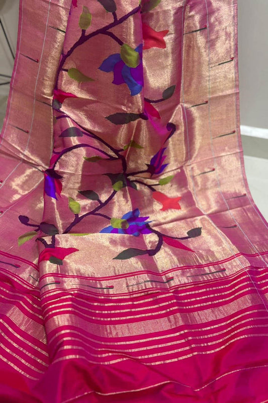 Pink Paithani Handloom Pure Silk Muniya Border Flower Design Dupatta - Luxurion World