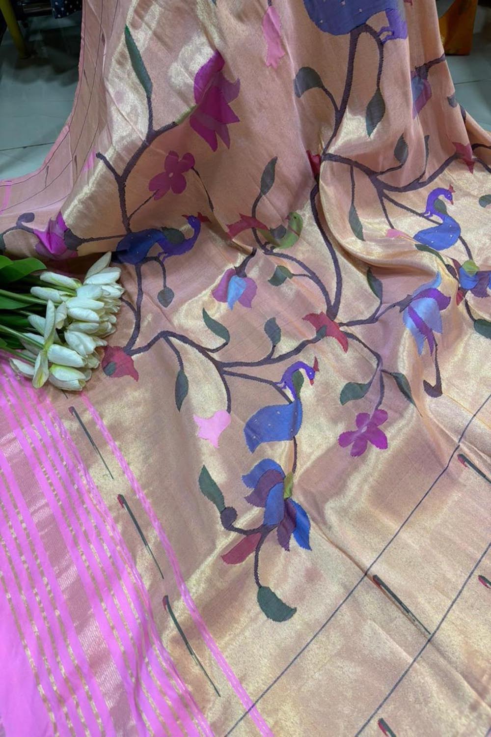 Pink Paithani Handloom Pure Silk Muniya Border Peacock And Flower Design Dupatta - Luxurion World- Crafted Heirlooms