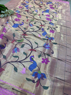 Pink Paithani Handloom Pure Silk Muniya Border Peacock And Flower Design Dupatta - Luxurion World- Crafted Heirlooms