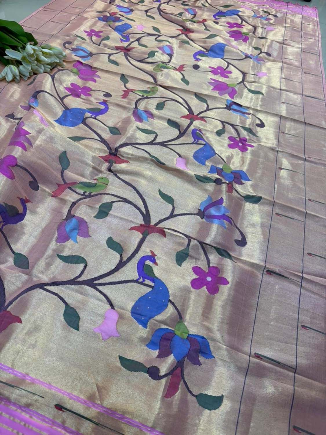 Pink Paithani Handloom Pure Silk Muniya Border Peacock And Flower Design Dupatta - Luxurion World- Crafted Heirlooms