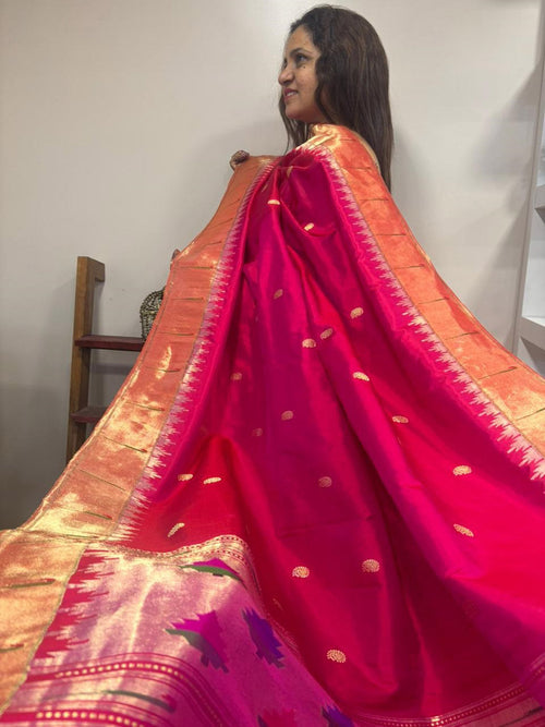 Pink Paithani Handloom Pure Silk Muniya Border Dupatta - Luxurion World- Crafted Heirlooms