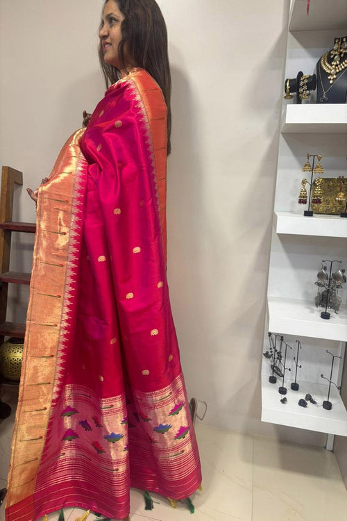 Pink Paithani Handloom Pure Silk Muniya Border Dupatta - Luxurion World- Crafted Heirlooms