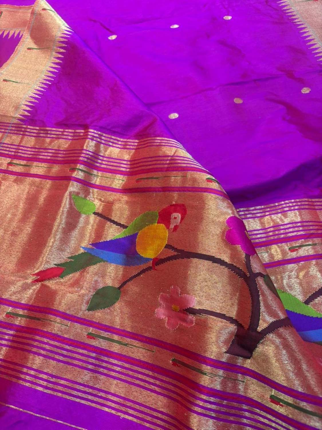 Purple Paithani Handloom Pure Silk Parrot And Flower Design Muniya Border Dupatta - Luxurion World- Crafted Heirlooms