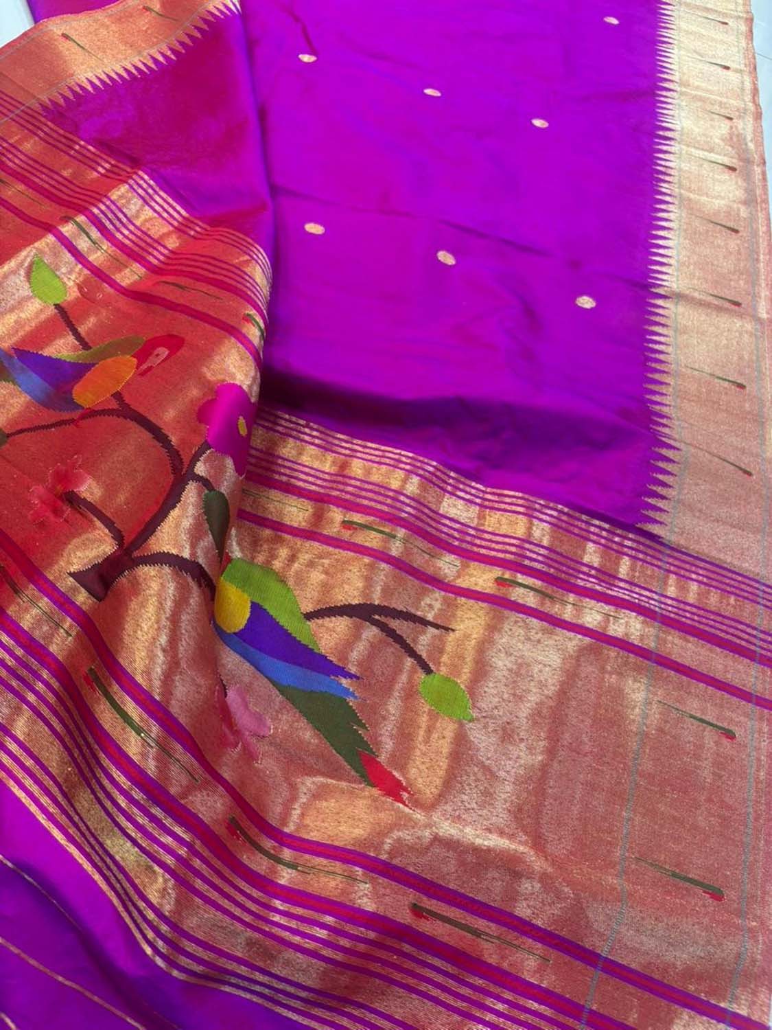 Purple Paithani Handloom Pure Silk Parrot And Flower Design Muniya Border Dupatta - Luxurion World- Crafted Heirlooms