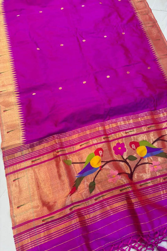 Purple Paithani Handloom Pure Silk Parrot And Flower Design Muniya Border Dupatta - Luxurion World