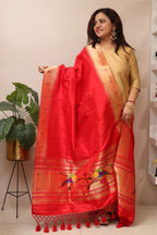Red Paithani Handloom Pure Silk Parrot Design Muniya Border Dupatta - Luxurion World- Crafted Heirlooms