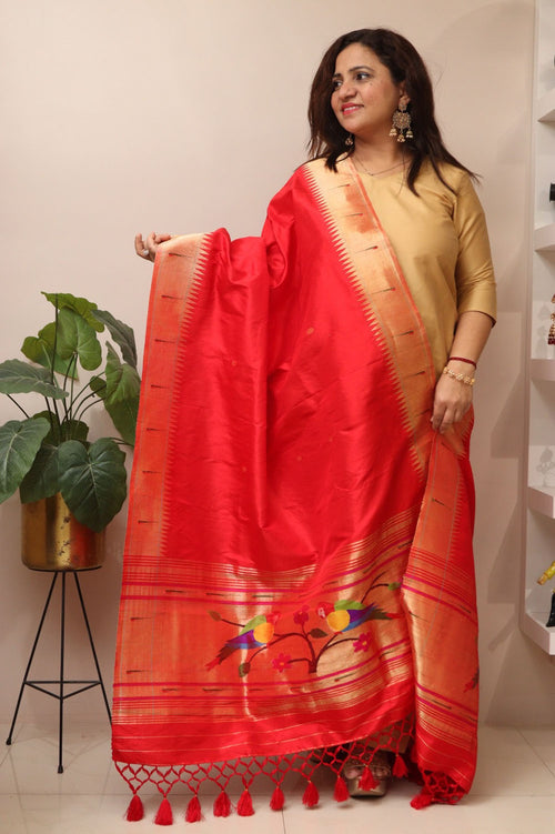 Red Paithani Handloom Pure Silk Parrot Design Muniya Border Dupatta - Luxurion World- Crafted Heirlooms