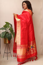 Red Paithani Handloom Pure Silk Parrot Design Muniya Border Dupatta - Luxurion World- Crafted Heirlooms