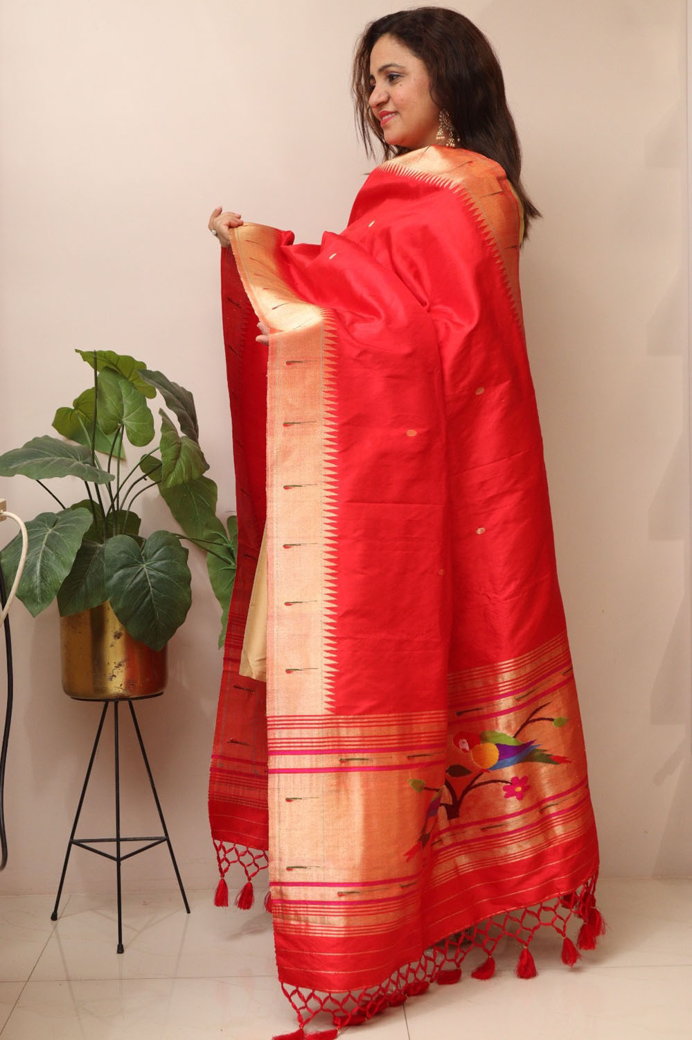 Red Paithani Handloom Pure Silk Parrot Design Muniya Border Dupatta - Luxurion World- Crafted Heirlooms