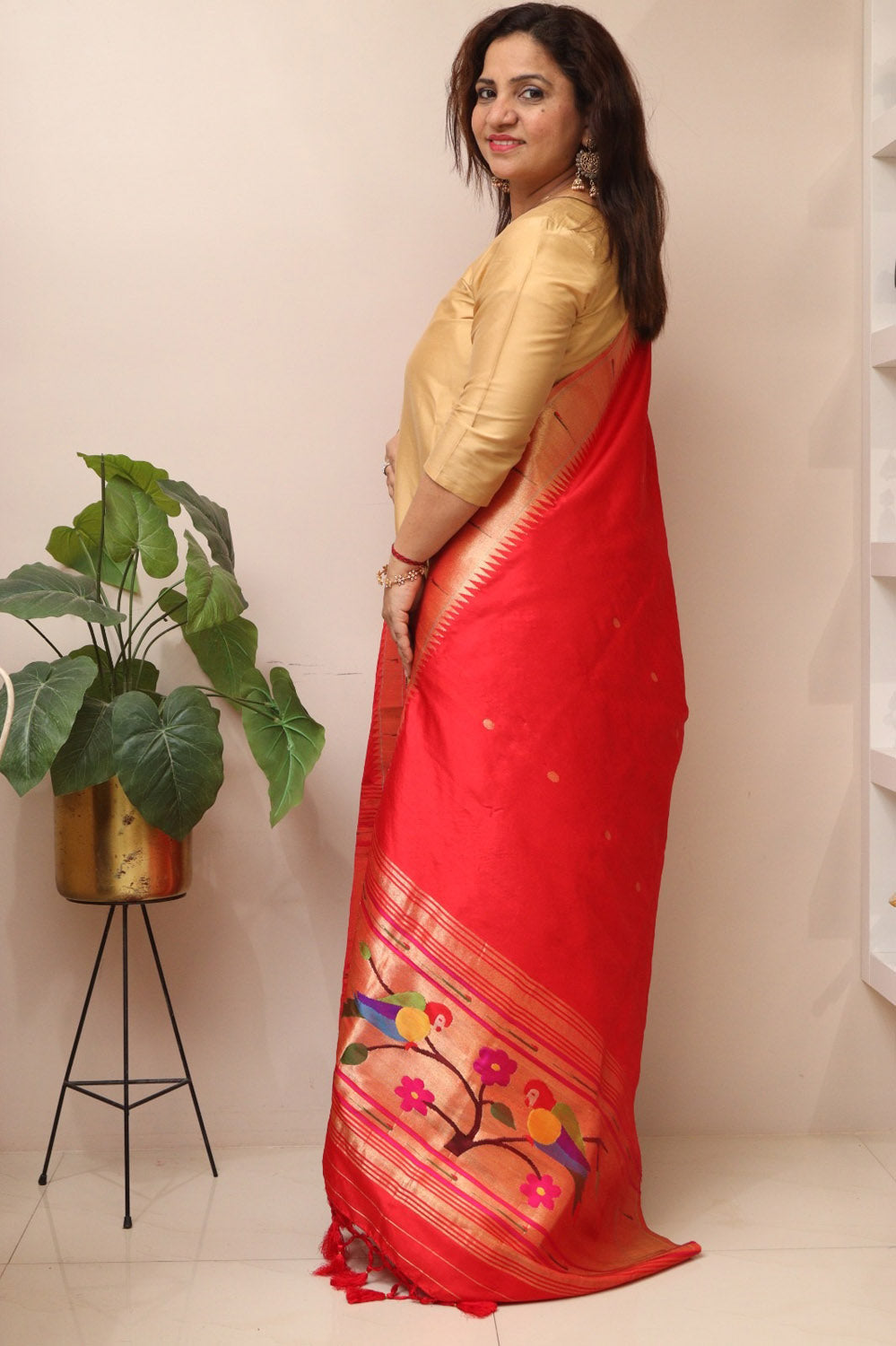 Red Paithani Handloom Pure Silk Parrot Design Muniya Border Dupatta - Luxurion World- Crafted Heirlooms