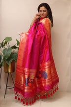 Pink Paithani Handloom Pure Silk Peacock Design Muniya Border Dupatta - Luxurion World- Crafted Heirlooms