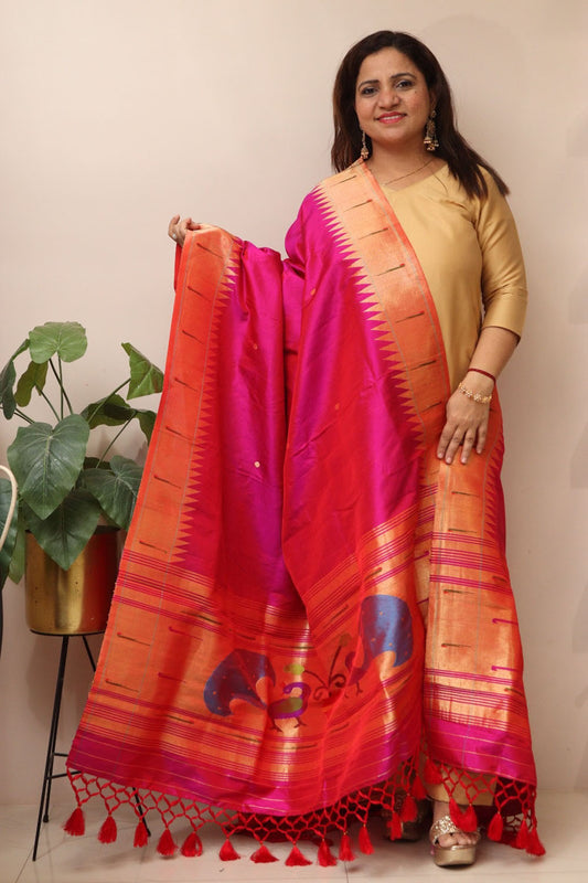 Pink Paithani Handloom Pure Silk Peacock Design Muniya Border Dupatta - Luxurion World