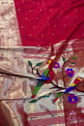 Red Pure Silk Paithani Triple Muniya Handloom Bird And Flower Design Dupatta - Luxurion World- Crafted Heirlooms