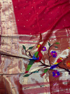 Red Pure Silk Paithani Triple Muniya Handloom Bird And Flower Design Dupatta - Luxurion World- Crafted Heirlooms