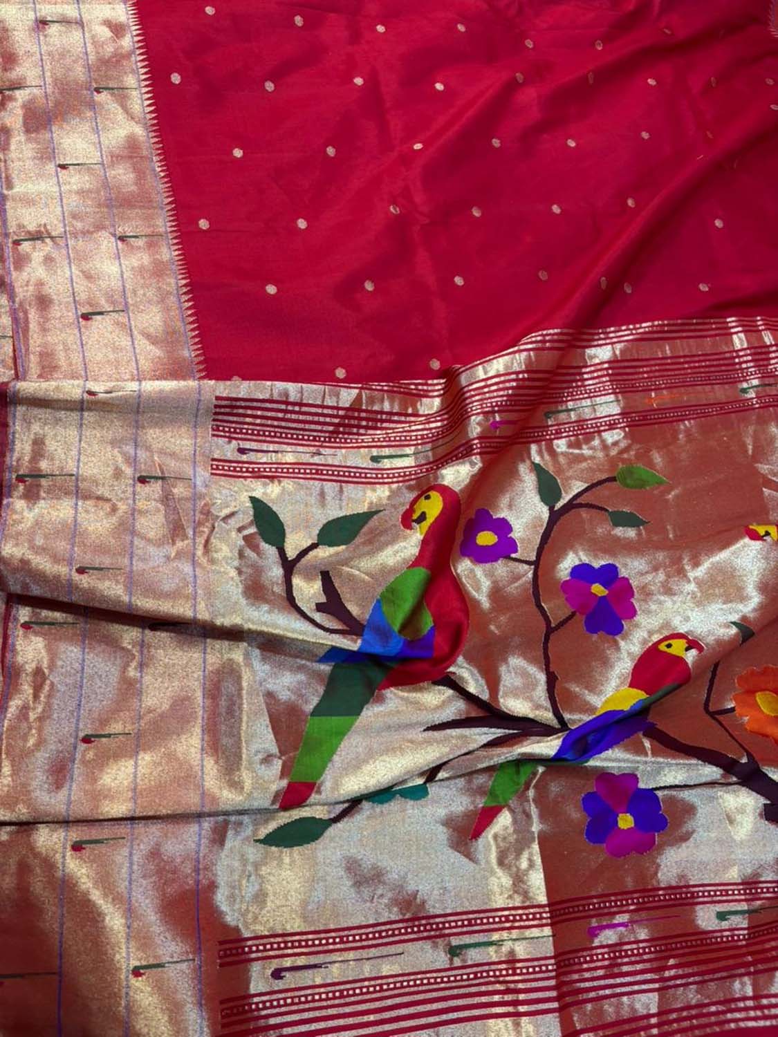 Red Pure Silk Paithani Triple Muniya Handloom Bird And Flower Design Dupatta - Luxurion World- Crafted Heirlooms