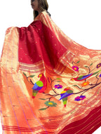 Red Pure Silk Paithani Triple Muniya Handloom Bird And Flower Design Dupatta - Luxurion World- Crafted Heirlooms