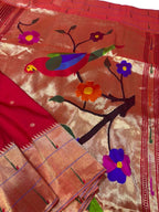 Red Pure Silk Paithani Triple Muniya Handloom Bird And Flower Design Dupatta - Luxurion World- Crafted Heirlooms