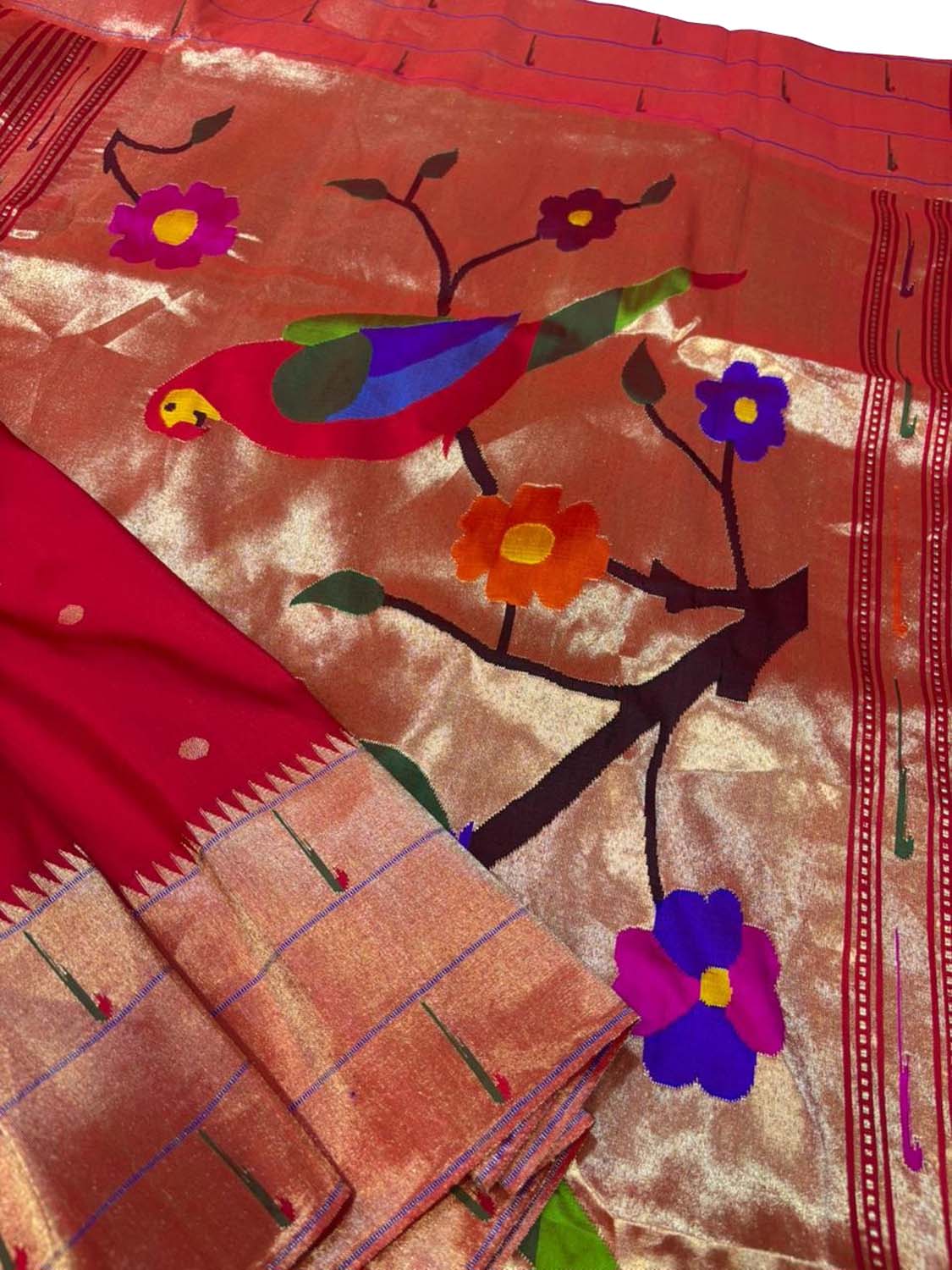 Red Pure Silk Paithani Triple Muniya Handloom Bird And Flower Design Dupatta - Luxurion World- Crafted Heirlooms