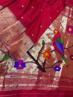 Red Pure Silk Paithani Triple Muniya Handloom Bird And Flower Design Dupatta - Luxurion World- Crafted Heirlooms