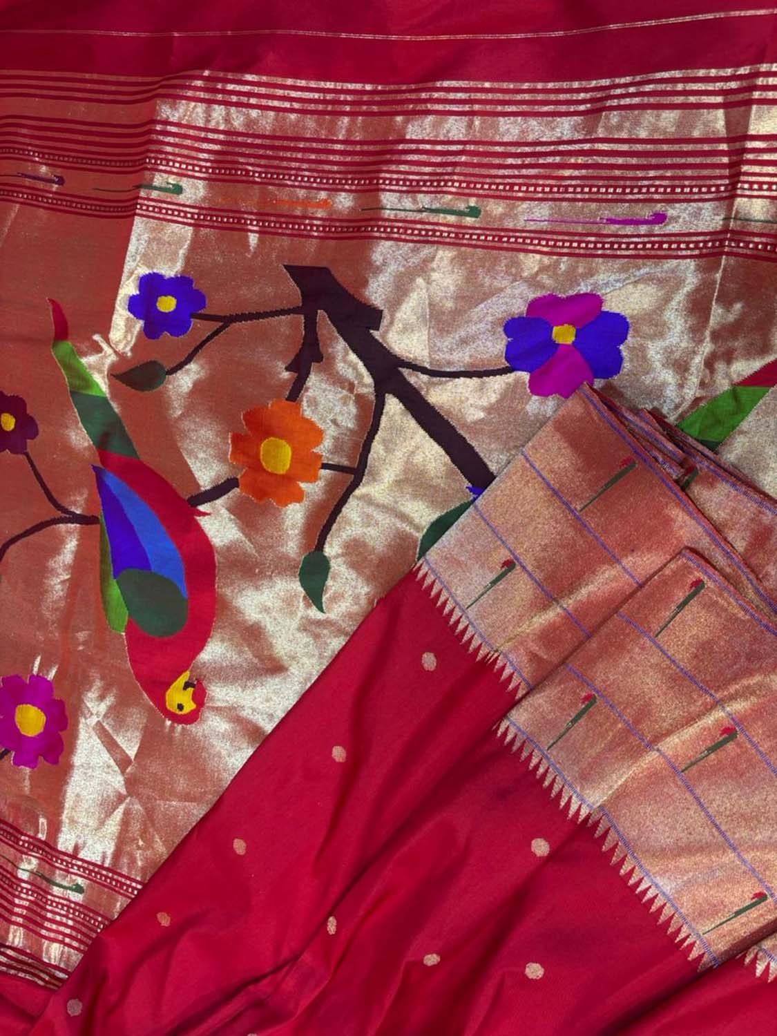 Red Pure Silk Paithani Triple Muniya Handloom Bird And Flower Design Dupatta - Luxurion World- Crafted Heirlooms