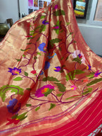 Golden Paithani Pure Silk Brocade Dupatta — Muniya Border Flower Design, Festive