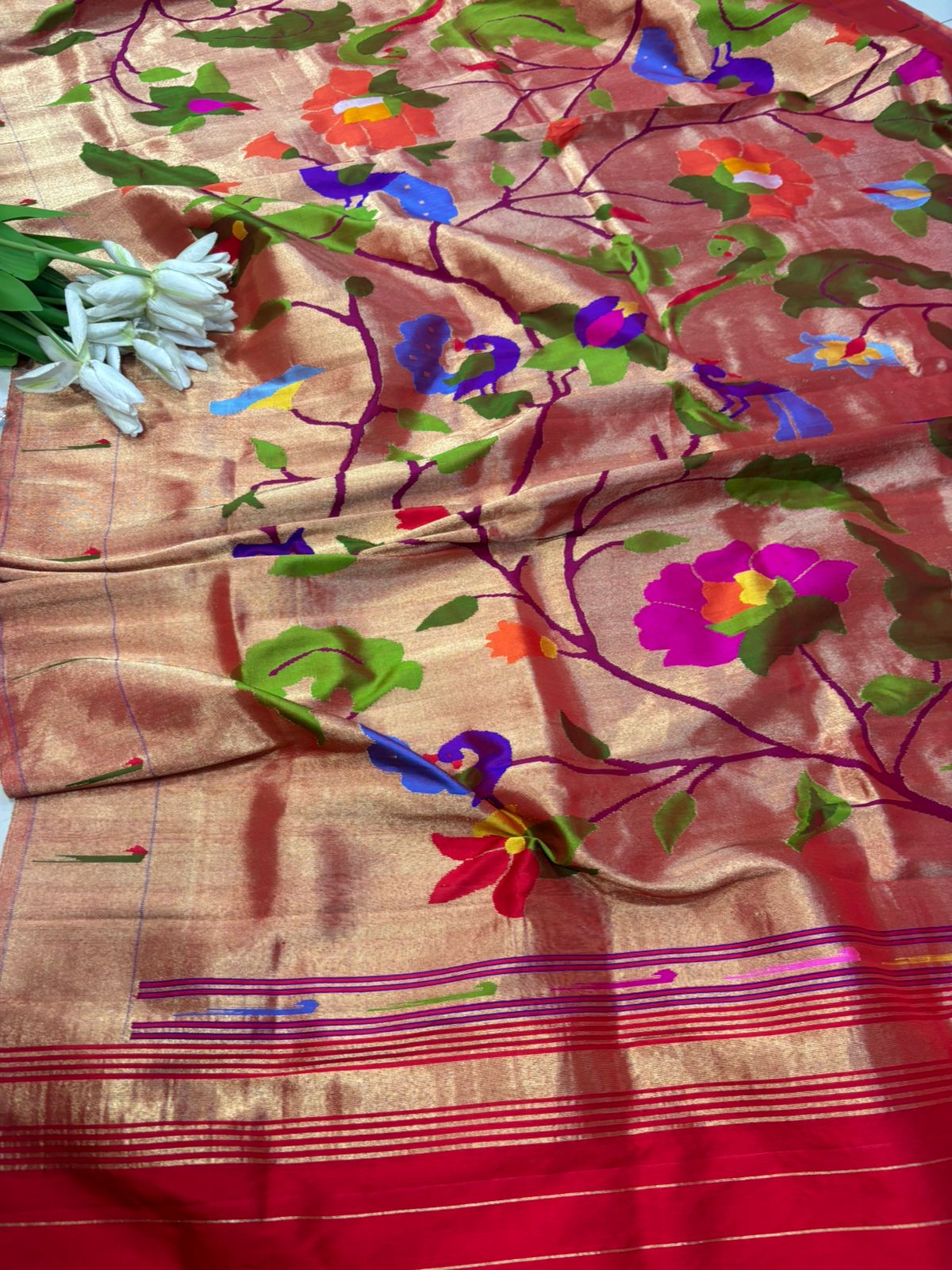 Golden Paithani Pure Silk Brocade Dupatta — Muniya Border Flower Design, Festive