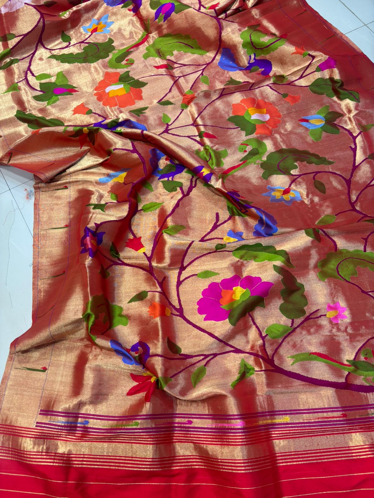 Golden Paithani Pure Silk Brocade Dupatta — Muniya Border Flower Design, Festive