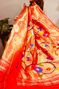 Golden Paithani Pure Silk Brocade Dupatta — Muniya Border Flower Motif, Bridal