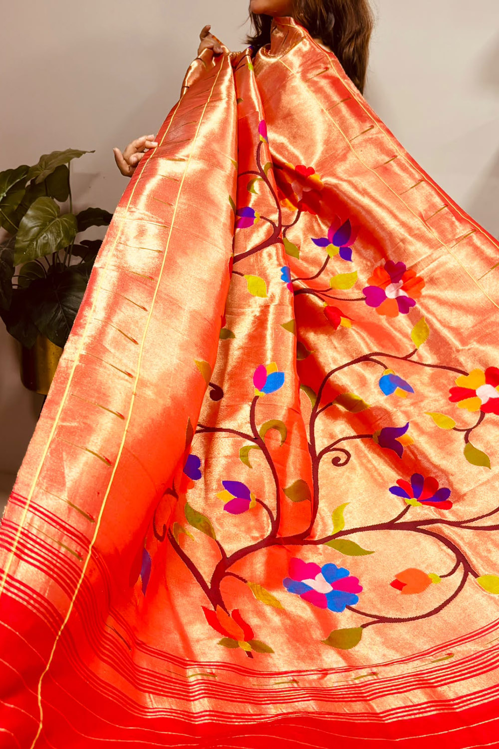 Golden Paithani Pure Silk Brocade Dupatta — Muniya Border Flower Motif, Bridal