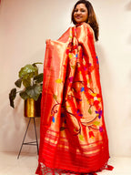 Golden Paithani Pure Silk Brocade Dupatta — Muniya Border Flower Motif, Bridal