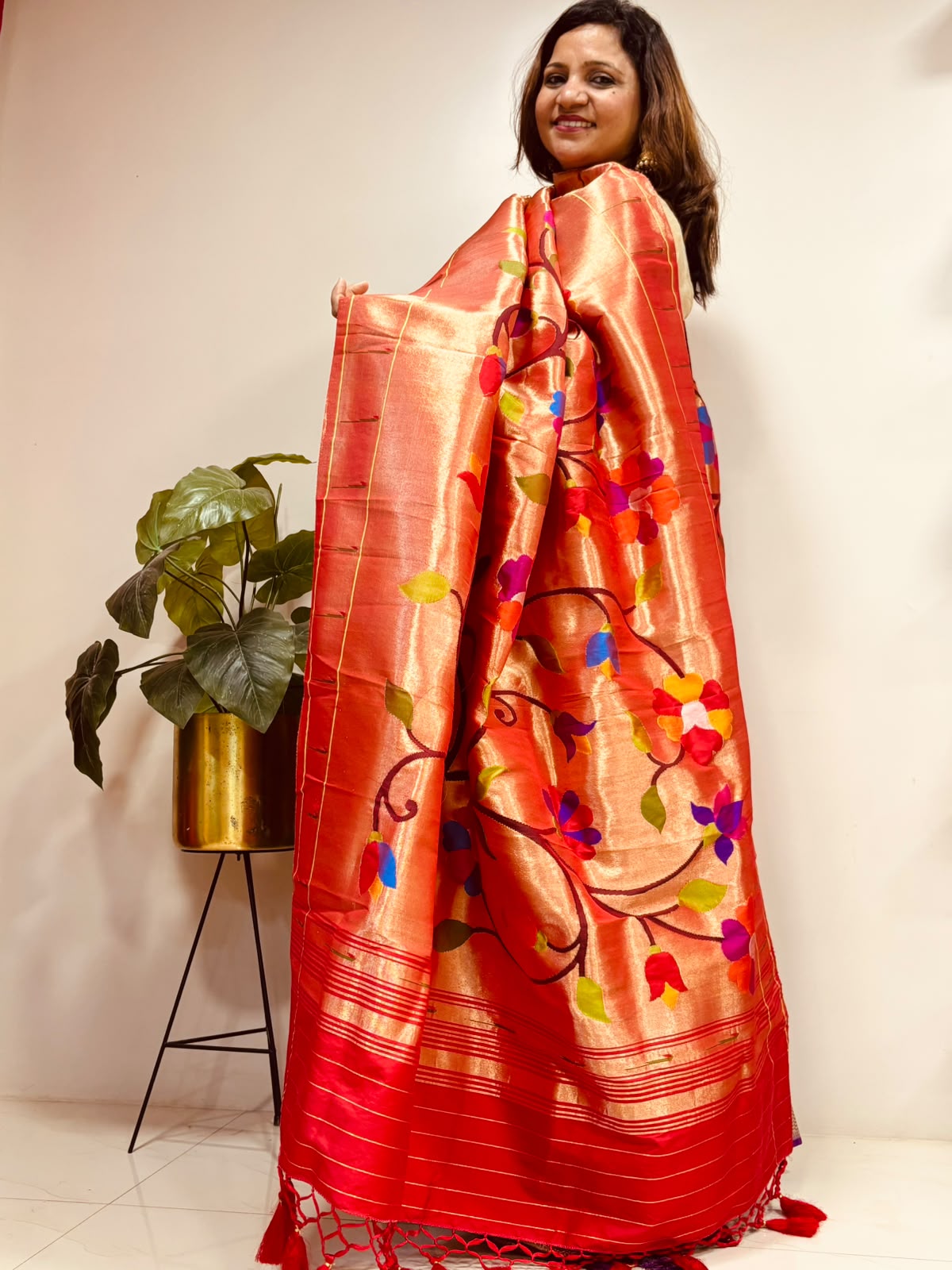 Golden Paithani Pure Silk Brocade Dupatta — Muniya Border Flower Motif, Bridal