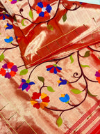 Golden Paithani Pure Silk Brocade Dupatta — Muniya Border Flower Motif, Bridal