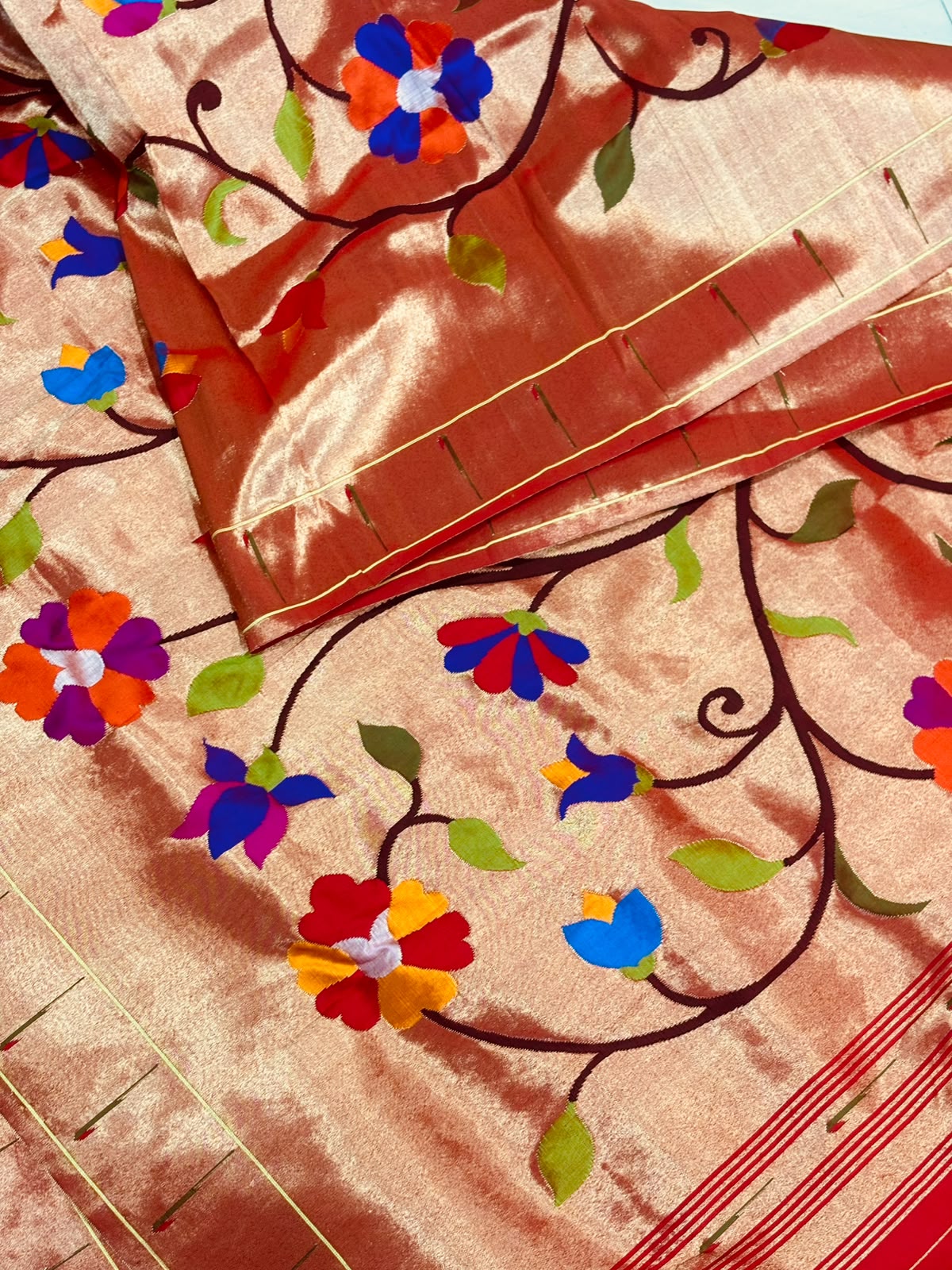 Golden Paithani Pure Silk Brocade Dupatta — Muniya Border Flower Motif, Bridal