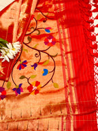 Golden Paithani Pure Silk Brocade Dupatta — Muniya Border Flower Motif, Bridal