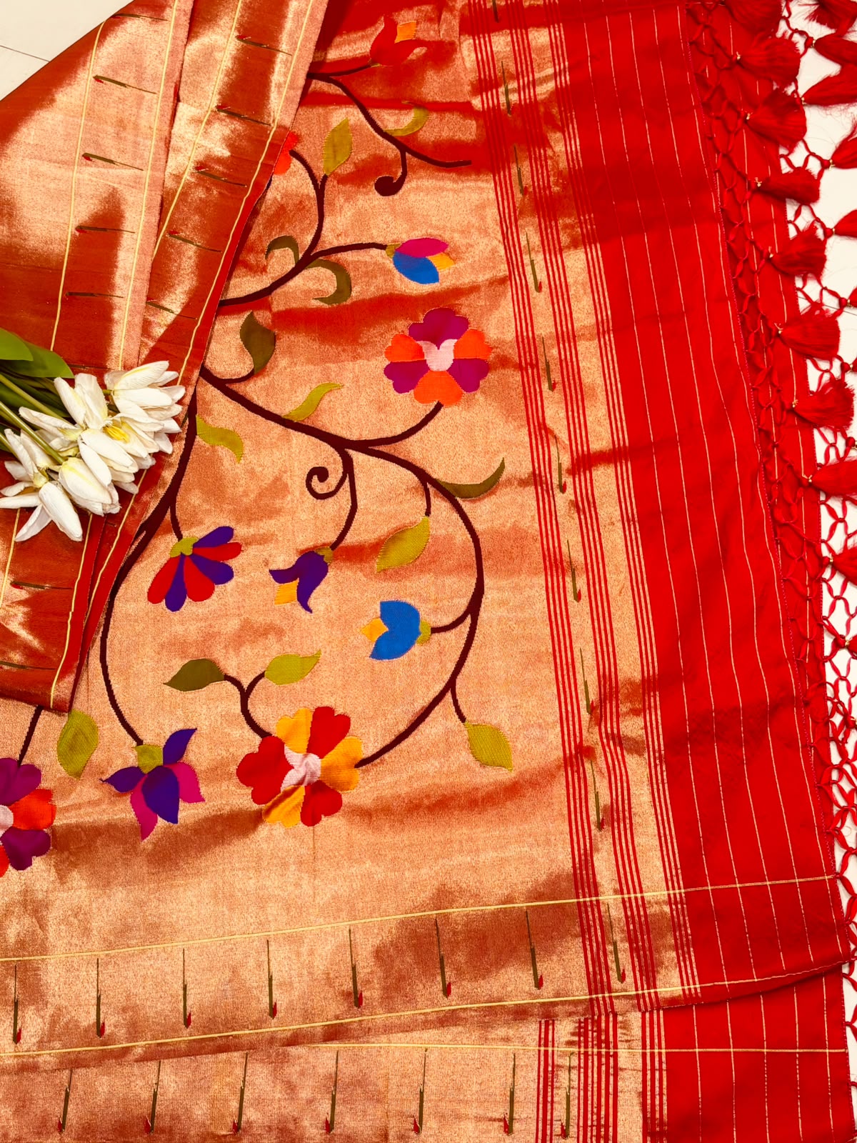 Golden Paithani Pure Silk Brocade Dupatta — Muniya Border Flower Motif, Bridal