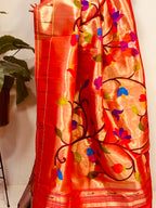 Golden Paithani Pure Silk Brocade Dupatta — Muniya Border Flower Motif, Bridal