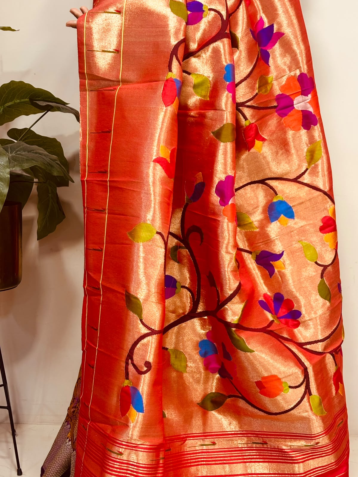Golden Paithani Pure Silk Brocade Dupatta — Muniya Border Flower Motif, Bridal