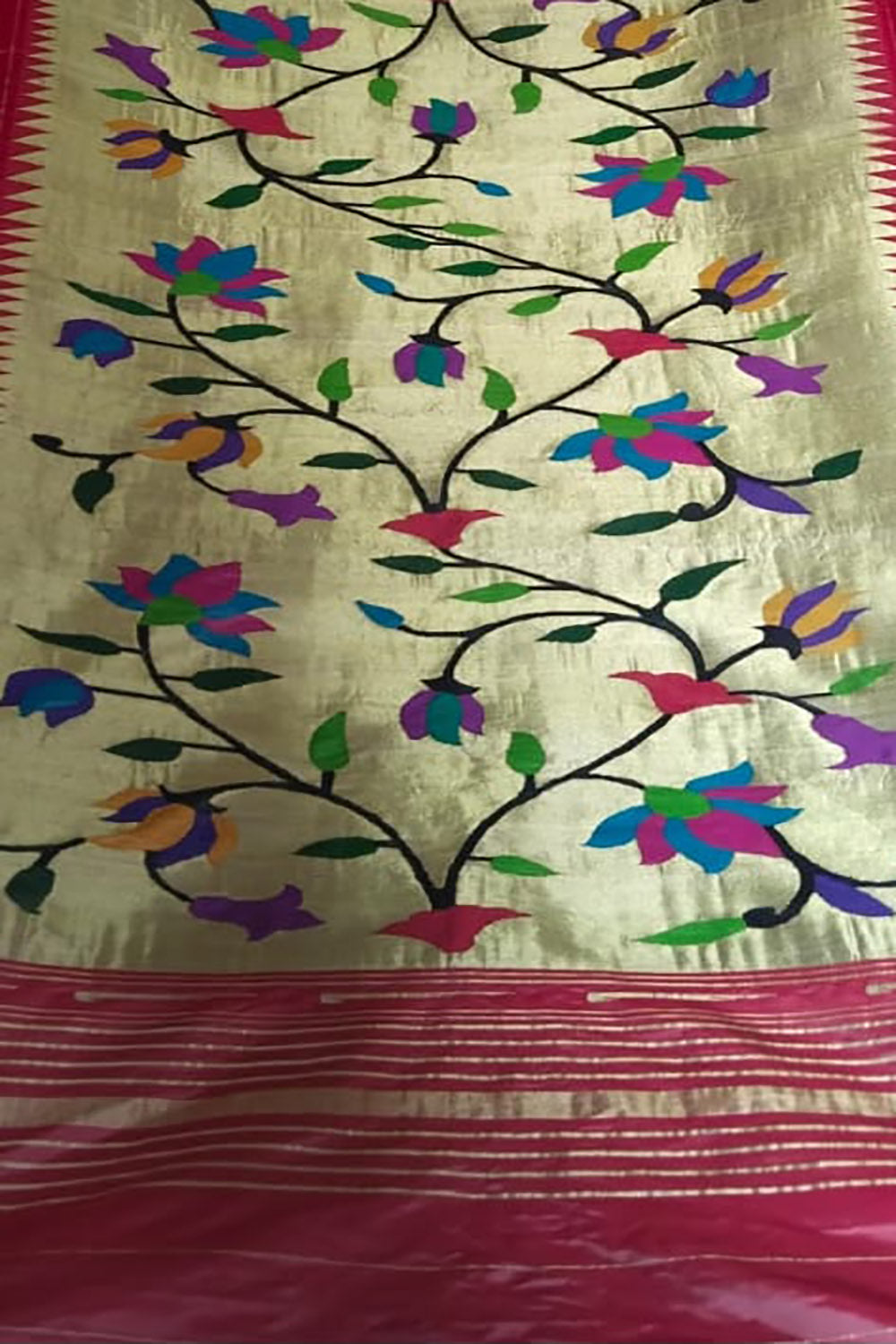Golden Paithani Pure Tissue Silk Brocade Dupatta Muniya Border Flower Motif Bridal
