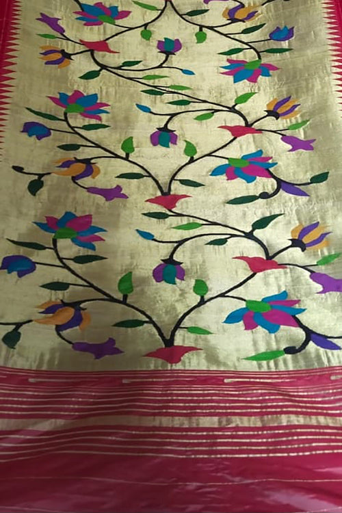 Golden Paithani Pure Tissue Silk Brocade Dupatta Muniya Border Flower Motif Bridal