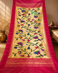 Golden Paithani Pure Tissue Silk Brocade Dupatta Muniya Border Flower Motif Bridal