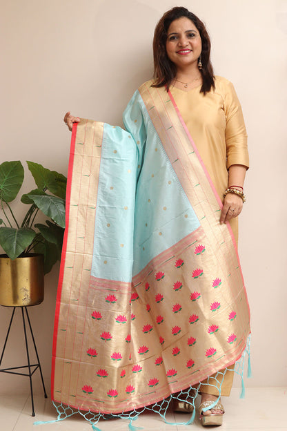 Elegant Blue Paithani Silk Flower Design Dupatta - Luxurion World