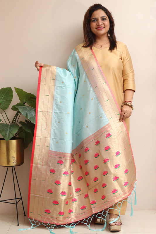 Elegant Blue Paithani Silk Flower Design Dupatta - Luxurion World