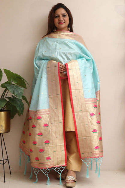 Elegant Blue Paithani Silk Flower Design Dupatta - Luxurion World