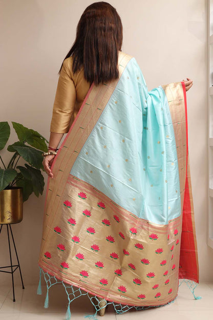 Elegant Blue Paithani Silk Flower Design Dupatta - Luxurion World