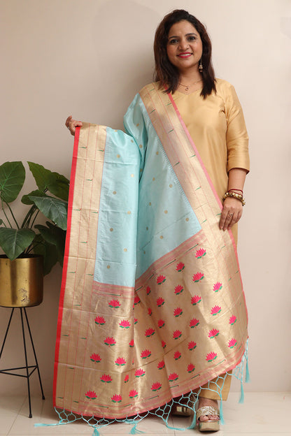 Elegant Blue Paithani Silk Flower Design Dupatta - Luxurion World